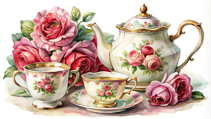 Traditional English Afternoon tea British old-fashioned vintage style watercolor