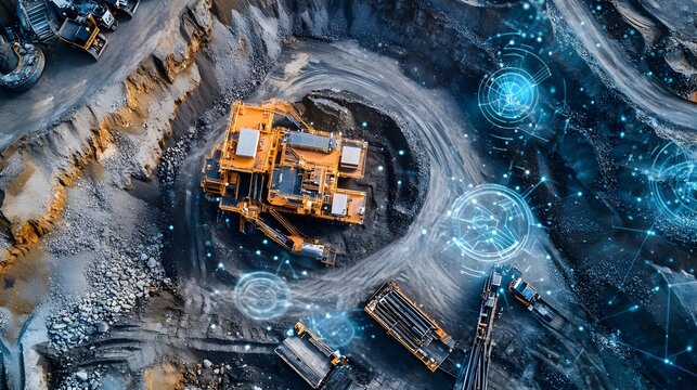 A photograph showcasing the intelligent and connected technologies powering a modern mining IoT integrated machinery sensors and data analytics for enhanced productivity efficiency and safety
