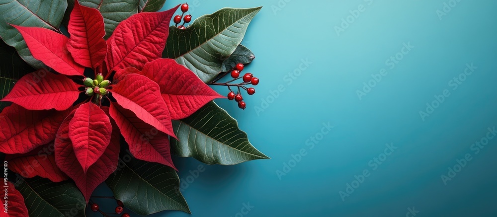 Poster beautiful christmas arrangement featuring a poinsettia on a colored background. with copy space imag