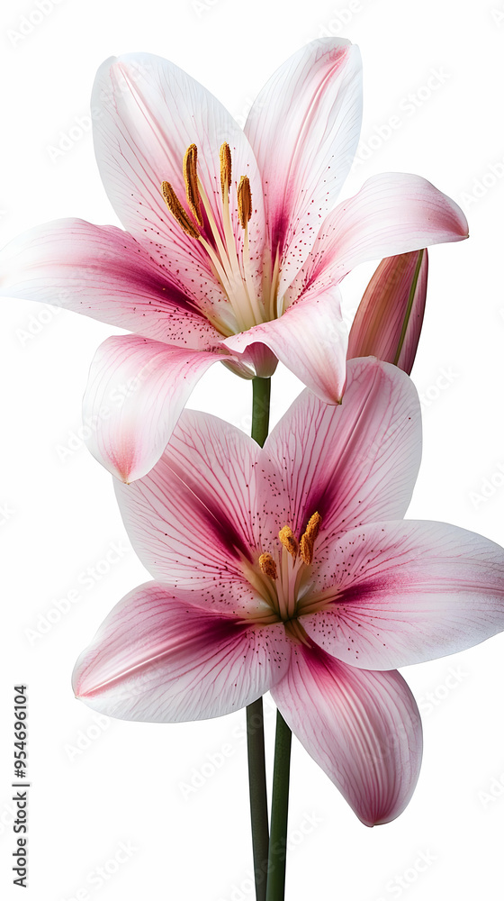 Wall mural Two pink lilies with visible veins and speckles on white background.