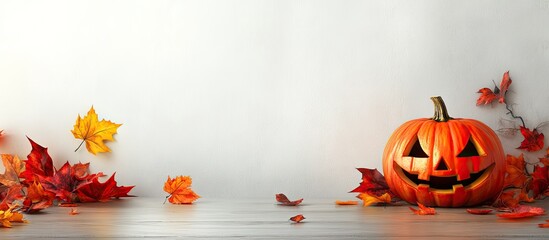 Halloween decoration featuring a pumpkin head jack o lantern and autumn leaves on a wooden table against a white wall background Halloween theme idea copy space