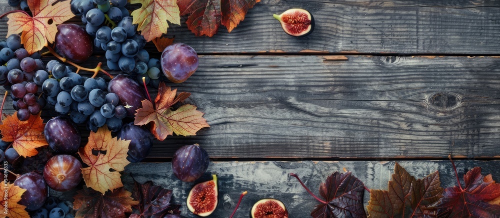 Poster frame of purple wild grape leaves grapes plums and figs on a gray wooden background top view flat la