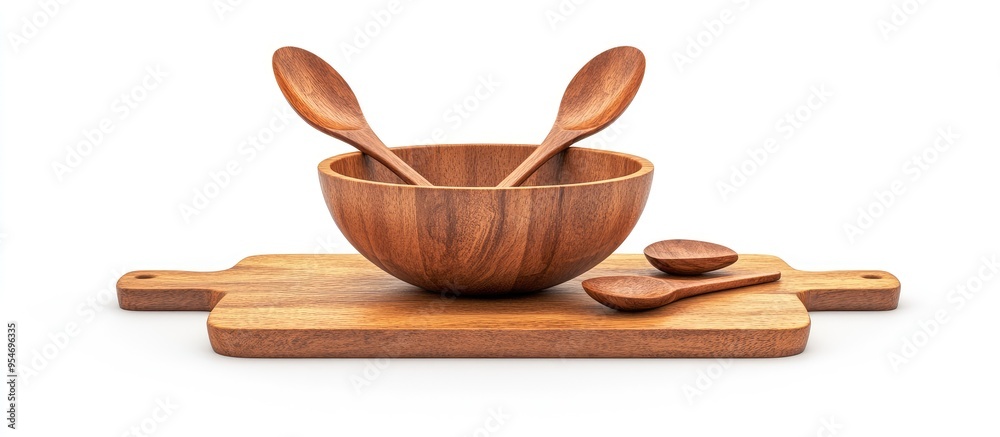 Fototapete wooden utensils including a bowl and spoons placed on a cutting board against a white background. wi