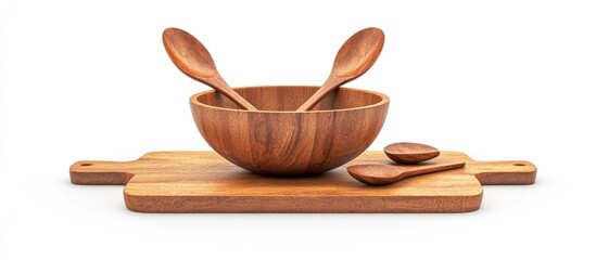 Wooden utensils including a bowl and spoons placed on a cutting board against a white background. with copy space image. Place for adding text or design