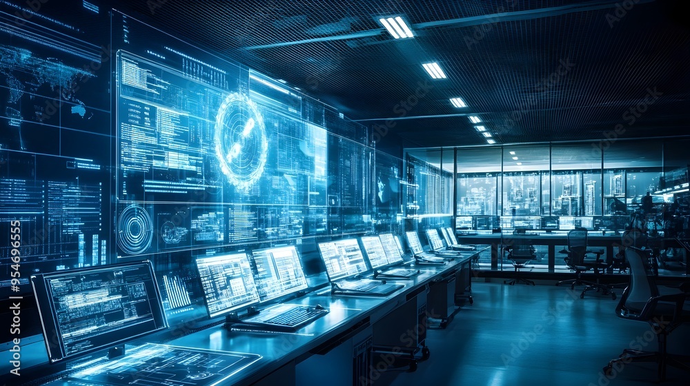 Poster a highly advanced mining control room showcasing the of iot technology real time monitoring and comp