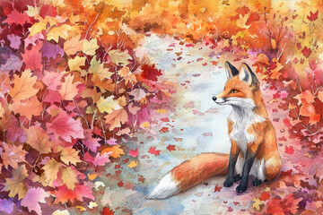 Obraz premium A serene fox sitting on a path surrounded by vibrant autumn leaves, showcasing nature's beauty.