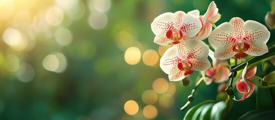 Macro abstract texture background featuring stunning white and red blooming moth orchids phalaenopsis with a defocused green natural backdrop. with copy space image. Place for adding text or design © vxnaghiyev