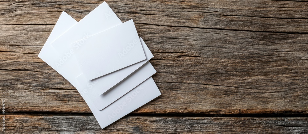 Aufkleber image of empty business cards on a wooden table background id template copyspace for text top view