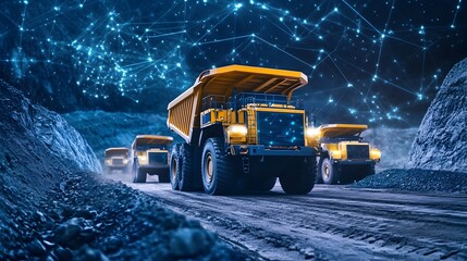 A photograph showcasing a fleet of mining trucks enhanced with IoT technology for real time tracking monitoring and management  The system enables data driven optimization of logistics productivity