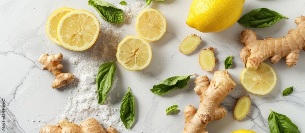 Poster Fresh ginger and lemon on a white background Flat lay top view copy space Seasoning spice ingredient for tea