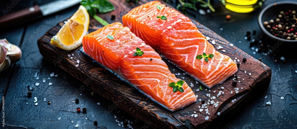 Poster raw salmon steaks on a white cutting board with a knife set against a kitchen table background with 