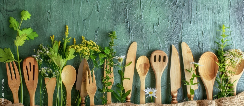 Leinwandbilder wooden forks spoons and knives placed in a craft bag against a green background adorned with sprigs 