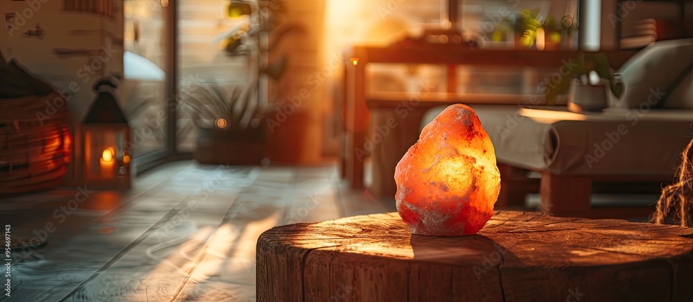 Aufkleber Himalayan salt lamp on a wooden table next to a brown wall space for text. with copy space image. Place for adding text or design