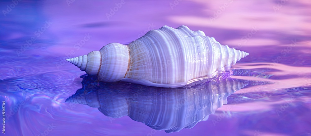 Aufkleber seashell on a shimmering purple blue reflective surface. with copy space image. Place for adding text or design