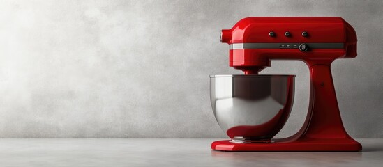 Contemporary red stand mixer on a light gray background with space for text. with copy space image. Place for adding text or design