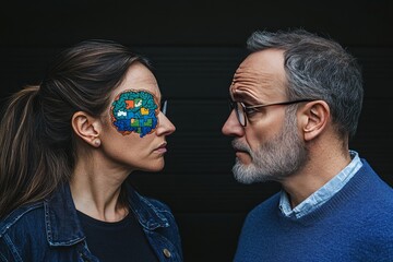Brain behavior Sequential Portrait of an elderly couple with glowing brain patterns symbolizing the enduring connection of thoughts and emotions over a lifetime