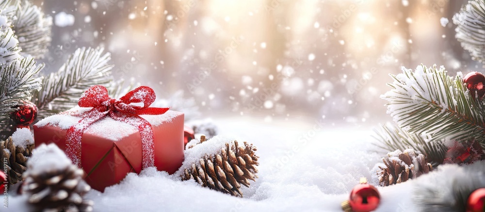 Aufkleber christmas gifts and snow covered cones with blank space for text. with copy space image. place for a
