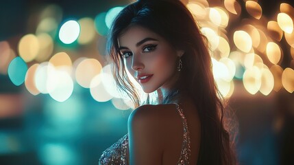 Fototapeta premium A stunning woman exudes charm and confidence against a backdrop of twinkling lights on a lively evening in the city