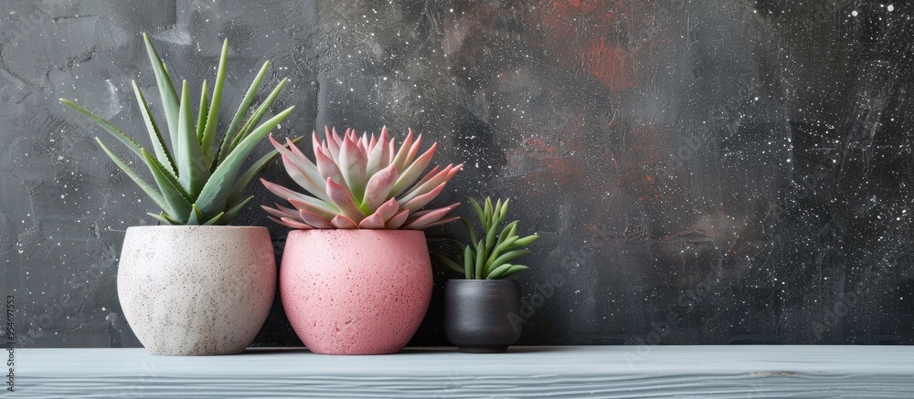 Poster concrete pots in a minimal style pink red and green succulent plants in contemporary round concrete 