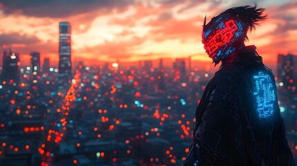 Futuristic Cybernetic Samurai in Neon-Lit Cityscape at Twilight