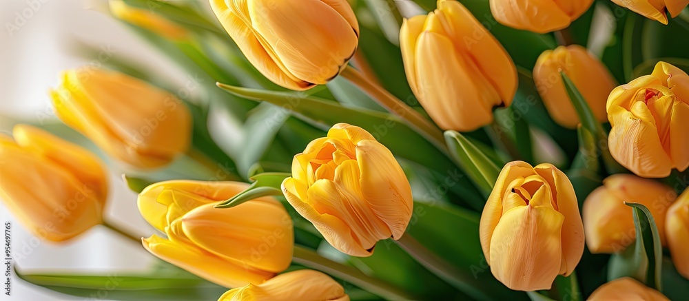 Fototapete yellow tulips set against a white background. with copy space image. place for adding text or design