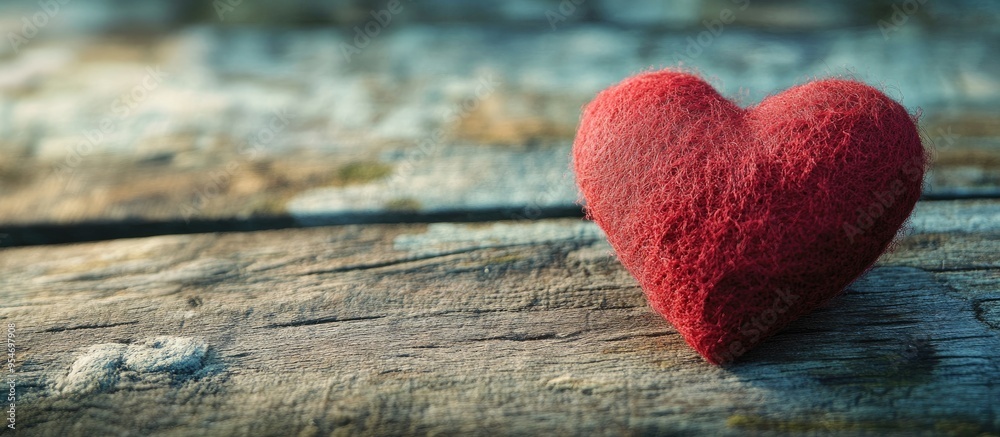 Poster Red felt heart on a wooden backdrop perfect for Valentine s Day. with copy space image. Place for adding text or design