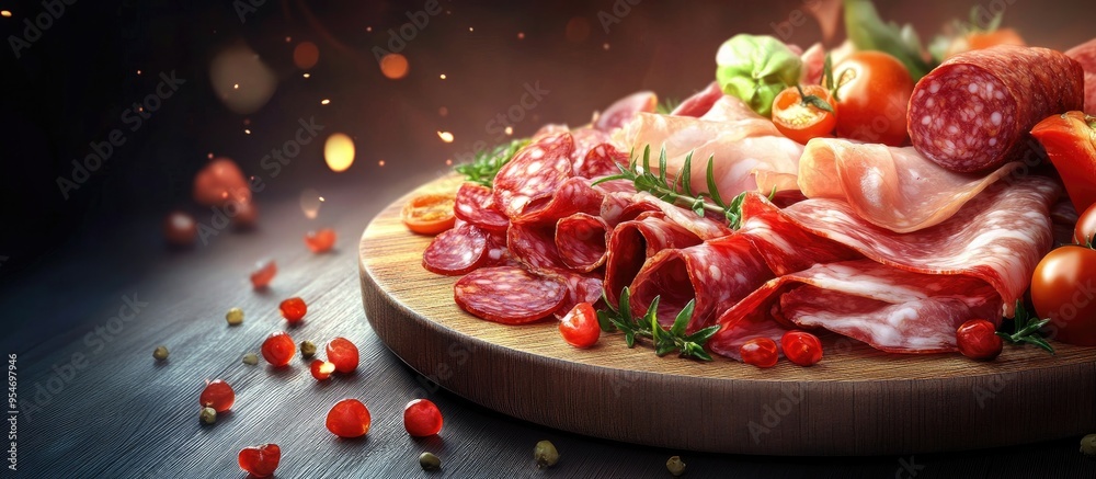 Aufkleber salami sausage prosciutto bacon meat antipasto platter cold meat plate catering menu recipe. with co