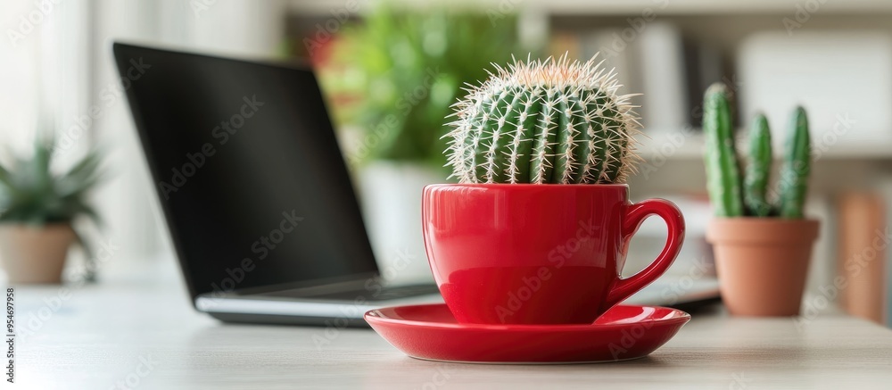 Poster laptop cactus and a red coffee cup on a table for business in a background of a white office copyspa