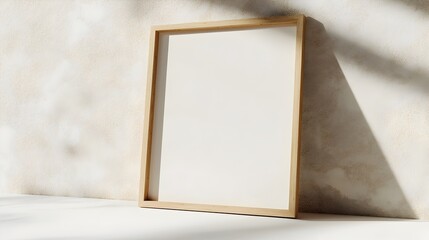 Blank Wooden Frame Leaning Against Neutral Wall on White Surface