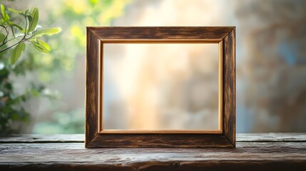 Rustic Wooden Frame on Vintage Table with Soft Natural Lighting