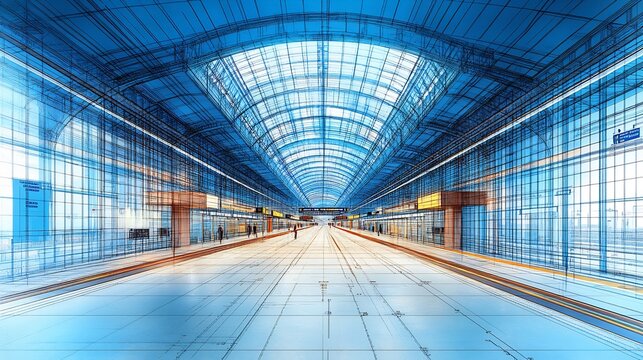 Blueprint of highspeed train station with platform layouts ticketing areas and structural details