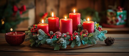 Advent wreath featuring four lit candles on a weathered wooden table background. with copy space image. Place for adding text or design