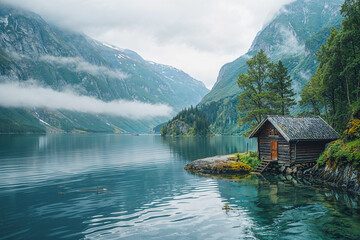 Serene lakeside cabin surrounded by misty mountains. Generative AI image