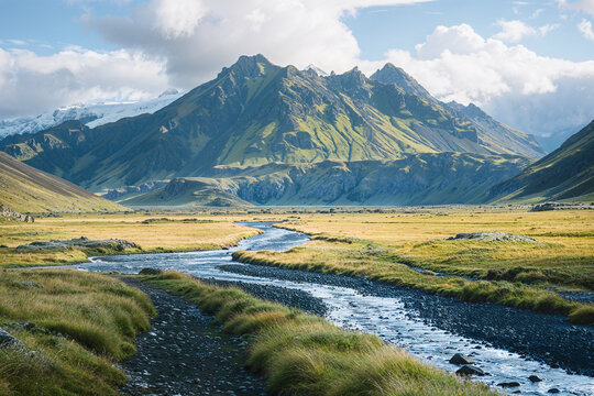 Majestic mountain landscape with flowing river. Generative AI image