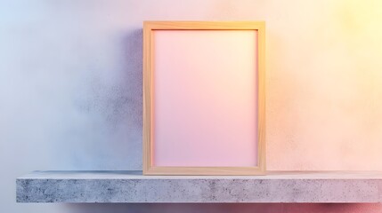 Minimalist Wooden Frame on Concrete Shelf with Pastel Backdrop