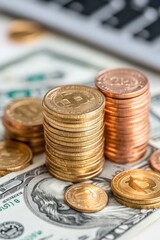 Close-up view of stacked coins on a dollar bill, representing savings, investment, and financial growth.