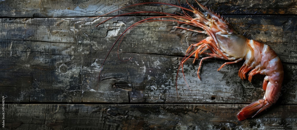 Poster Fresh raw shrimp on a weathered wooden surface. with copy space image. Place for adding text or design