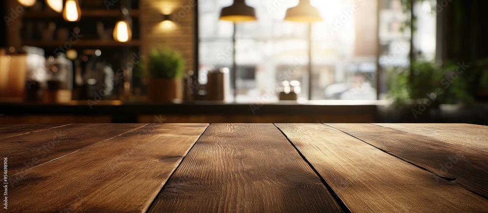 Poster selected focus on an empty brown wooden table with a blurred coffee shop background featuring a boke