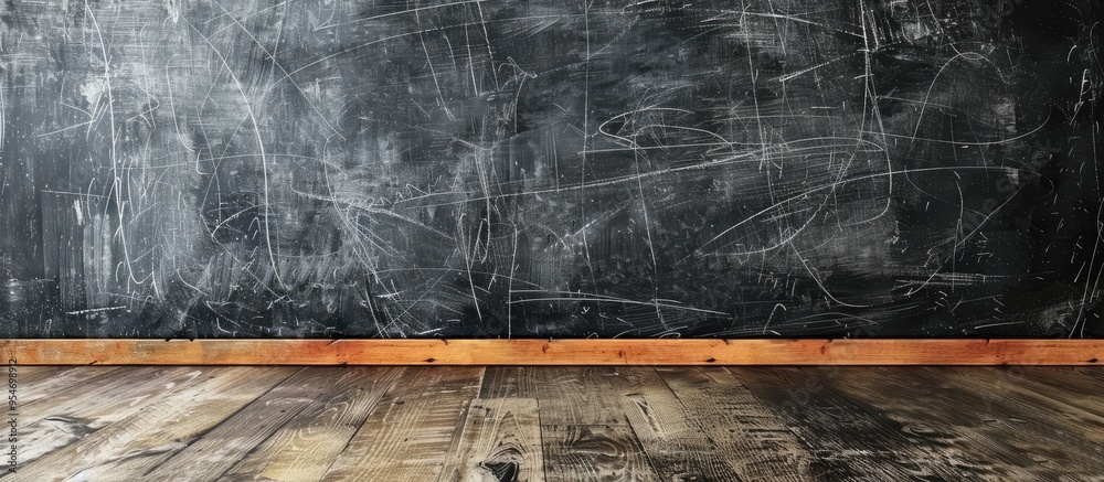 Aufkleber Abstract chalkboard with chalk marks in a classroom setting ready to be used as a background for adding text or graphics. with copy space image. Place for adding text or design