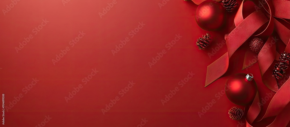 Poster New year greeting backdrop featuring red ribbons and ornaments. with copy space image. Place for adding text or design