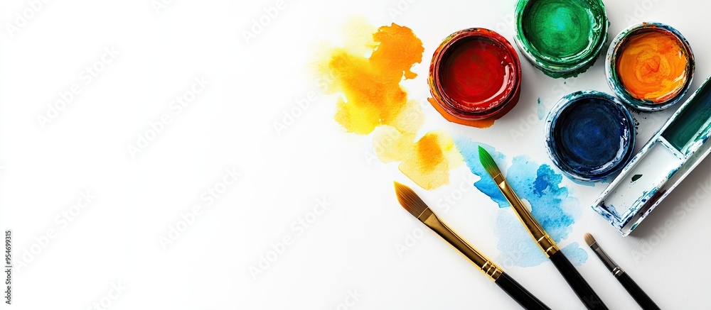 Poster watercolor and paintbrush on a white background flat lay top view. with copy space image. place for 
