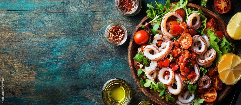 Leinwandbilder squid with tomato sauce seafood salad a meal and an aperitif snack on the table with copyspace for f