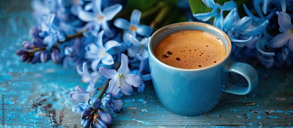 Poster Close up top view of fresh coffee in a cup with blue hyacinth flowers isolated on a white background. with copy space image. Place for adding text or design