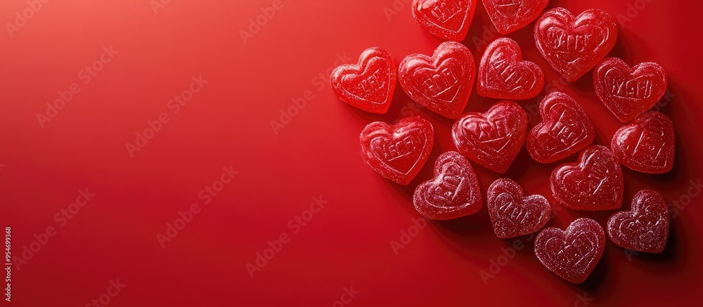 Poster heart shaped candies with messages for valentine s day on a red background for flat lay copy space
