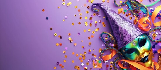 Colorful carnival flat lay with copyspace Mardi Gras accessories