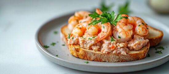 Shrimp on toast with pate a snack on a plate with a light background copyspace