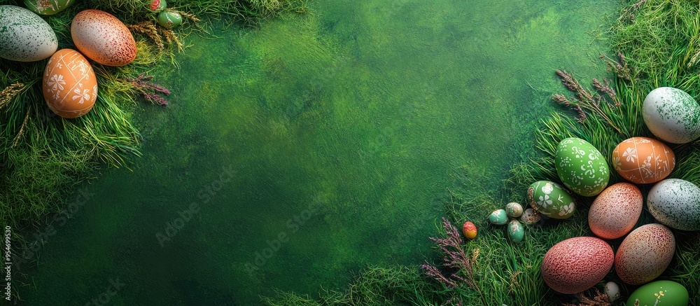Aufkleber top view of easter decorations featuring eggs on grass with a green background. with copy space imag