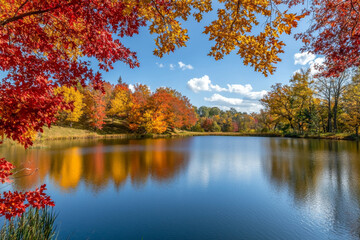 Obraz premium A serene lake surrounded by vibrant autumn foliage reflecting on the water under a clear blue sky.