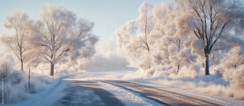 Leinwandbilder frost covered trees along the roadside in a picturesque winter scene. with copy space image. place f