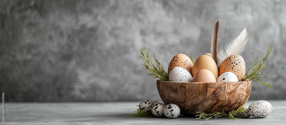 Poster Easter eggs and feathers arranged in a wooden bowl on a gray background Concept of a joyful Easter holiday. with copy space image. Place for adding text or design